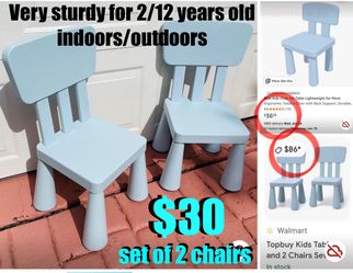 $15 Each in great condition very sturdy Kids chairs outdoor/indoor can hold 100 pounds