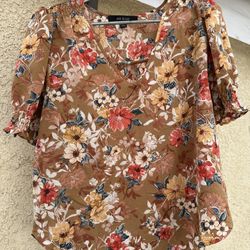Ava Rose Fall Themed Floral Print Puff Sleeve V-Neck Blouse Size m