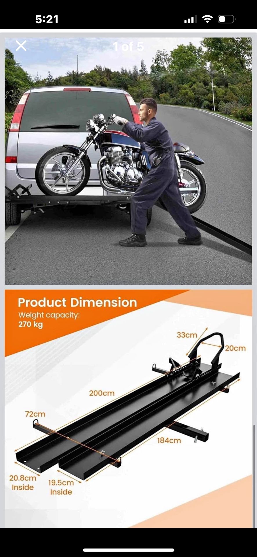Costway 270 kg Capacity Hitch-Mounted Motorcycle Carrier, Anti Tilt Dirt Bike Hitch Hauler w/Loading