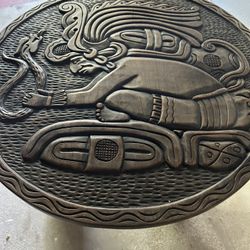 AZTEC WOODEN CARVED END TABLE W GLASS COVER