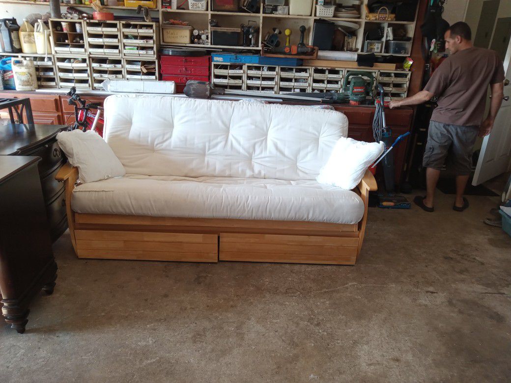 Queen Size Wood Futon Almost New Condition With Cover And Drawers