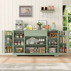 54.3"W Kitchen Storage Cabinet with Adjustable Spice Racks, 4 Door Buffet Sidebo