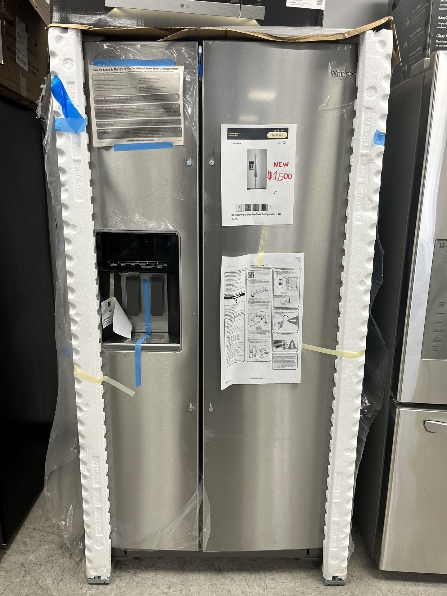 New Whirlpool 36inch. Side-by-Side With Ice Maker Stainless Steel Refrigerator