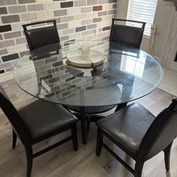 Round Glass Dining Room Table w/ 4 Leather Chairs