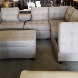 Brand New 102" x 79" Gray Or Brown Linen Reversible Sectional + Storage Chaise And Ottoman