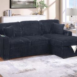 Brand New Black Corduroy Convertible Sectional
Pull Out Sofa with Fold Down Table & Cup Holder + USB Port + Storage Chaise (92" x 60" x 37"H)(
