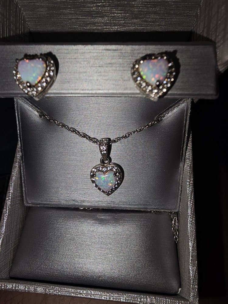 7.0mm Heart-Shaped Lab-Created Opal and White Sapphire Pendant, Ring and Stud Earrings Set in Sterling Silver - Size 7