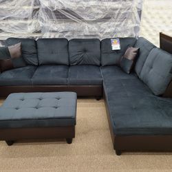 No Money Down No Credit Needed Fabric Navy Color Sectional With Pillows And Ottoman