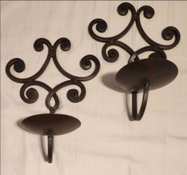 Set Of 2  Vintage Wall Mount Ornamental Iron Metal Pillar Candle Holder Sconces