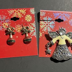 Angel Brooch Pin with Christmas Bell Earrings 