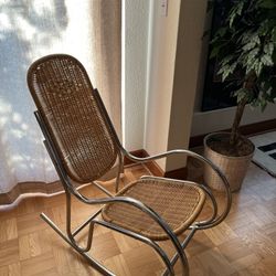 Mid Century Modern Cane Wicker & Chrome Rocking Chair