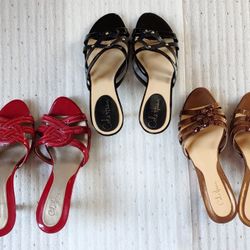 3 Pairs--Ladies Cole Haan Leather Shoes, Red, Gold And Black