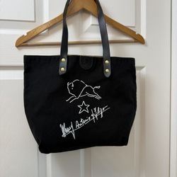 Il Bisonte Canvas Leather Tote Bag with Big Logo, Black