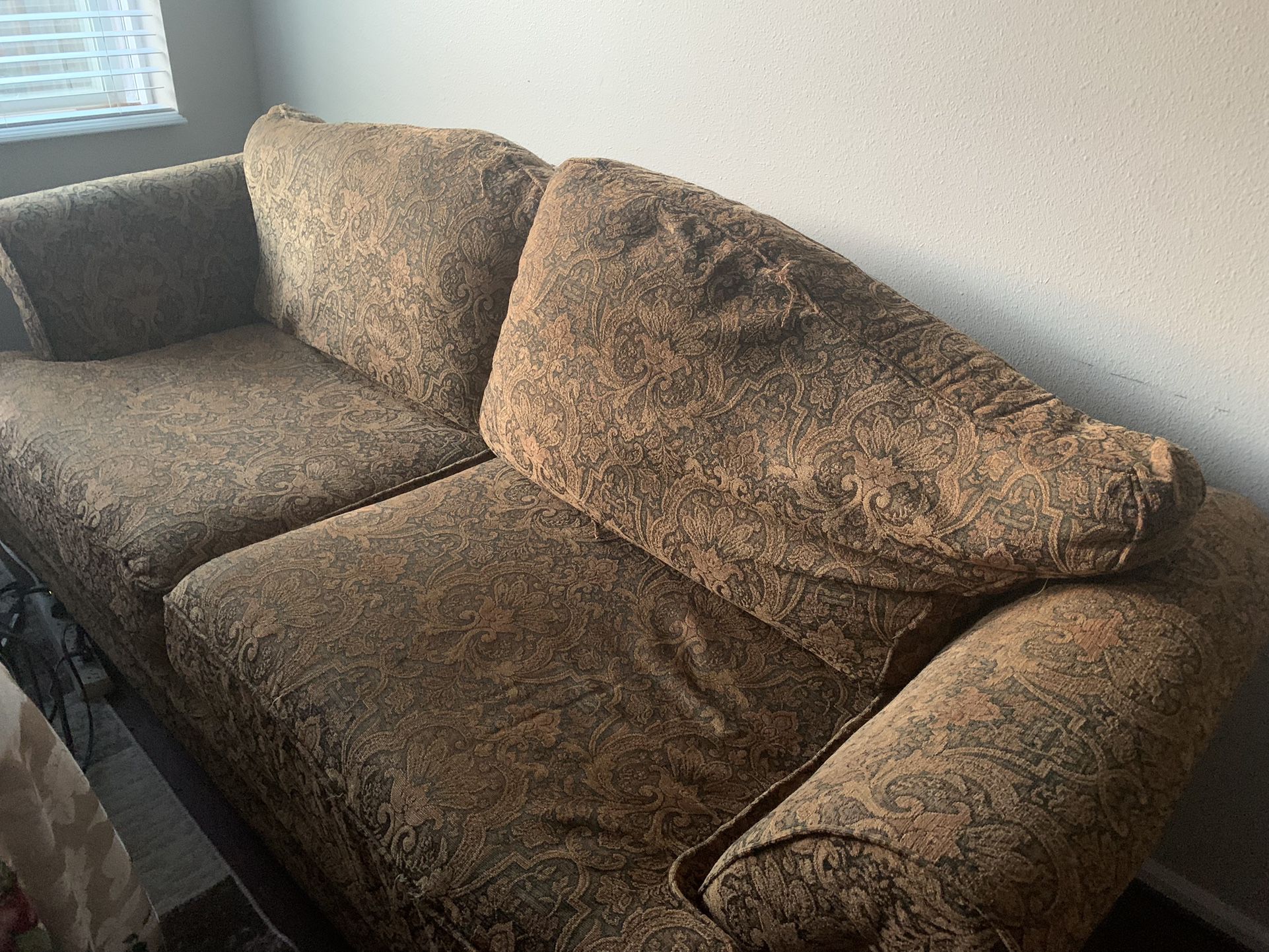 FREE Rustic Brown, Two-Seat Couch (Sofa) With Florals Pattern & Wooden Base