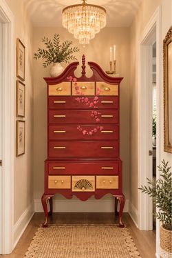 ❤️ Ethan Allen Vintage Statement Highboy Dresser | Claret Red, Tropical Pink, Gold Floral Details |