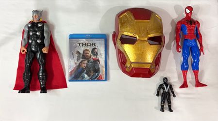 Superhero Lot Ironman Mask, Thor Figure & Blue Ray Movie, Spider-Man & Venom (5) Total