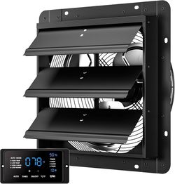 14 Inch EC Motor Shutter Exhaust Fan, 6 Inch Large Touchscreen Controller for Temp Humidity and Speed Control, 10-Speed Wall Mount Fan for Attic, Gree