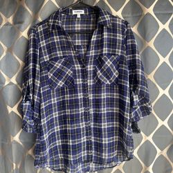 Express women medium blue plaid see-through long sleeves or 3/4 button up 