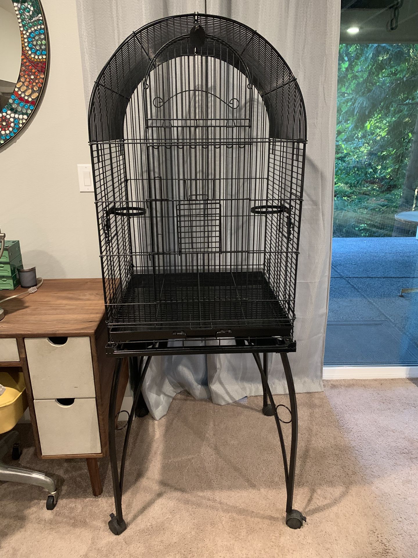 Large Black Metal Bird Cage With Roller Stand