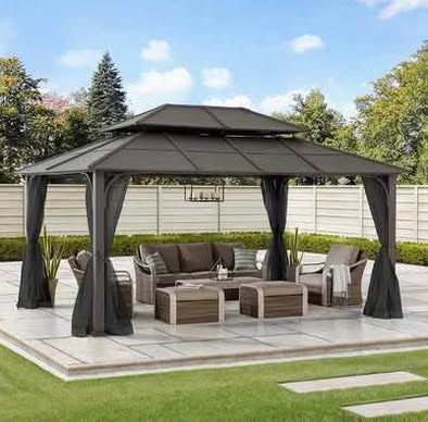 New in Box 12 x 16 ft. Steel Frame Hardtop Gazebo Outdoor Heavy Duty Double Tiered Metal Gazebo