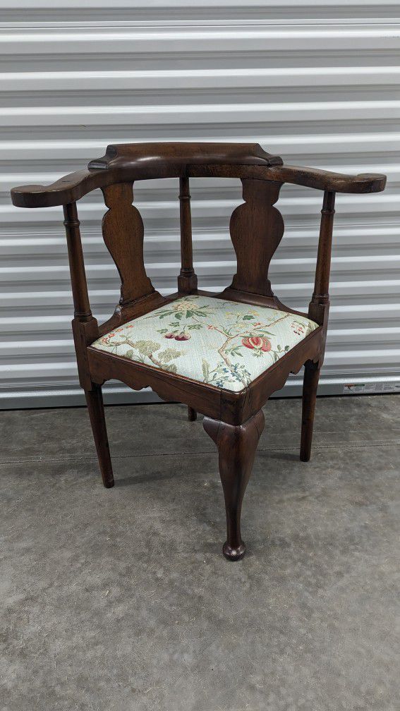 Early Solid Mahogany Corner Chair w/ Floral Upholstery - Solid Wood - Can Deliver 