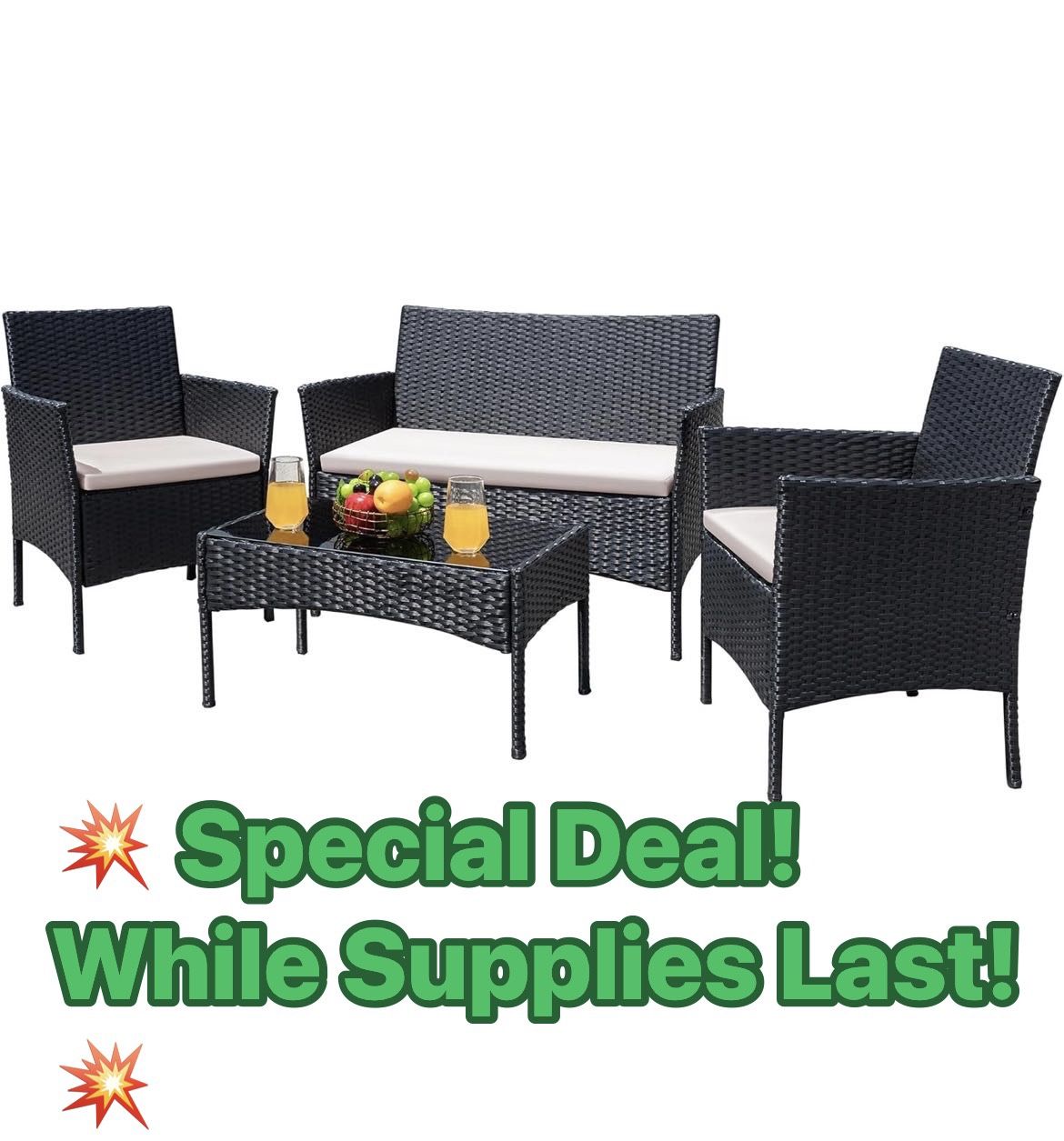 Patio Furniture 4 Pieces Conversation Sets Outdoor Wicker Rattan Chairs Garden Backyard Balcony Porch Poolside loveseat with Cushion and Glass Table, 