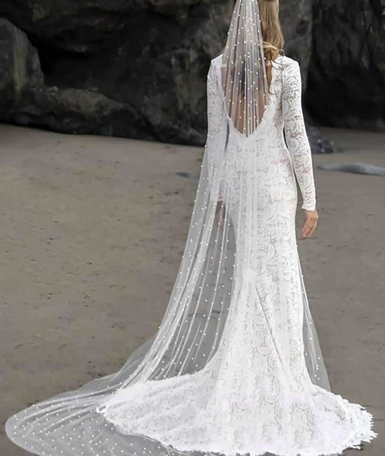 Cathedral Wedding Veils Long Pearl Bride Veil with Comb White Lace Brides Hair Accessories 1 Tier Veils for Women