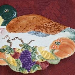 Fitz & Floyd Omnibus 1993 Mallard Duck Thanksgiving Majolica Canapé Plate G3D026