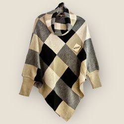 Soft & Cozy Hand-knitted Poncho Color Gray, Black & Beige.Handmade