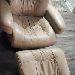 Cream Leather Swivel Recliner And Ottoman Set 