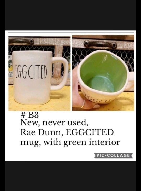 New, Rae Dunn, Eggcited, Green Interior Mug...