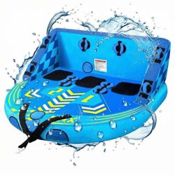 MaxKare 3 Person Inflatable Towable Tube for Boating, Waterskiing with EVA Foam Seat Pads-Blue