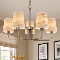 New Glintawn 5-Light Brushed Nickel Chandelier – Ivory Woven Fabric Shades – Modern Farmhouse