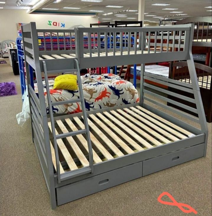 🎀Gray Twin / Full Bunk Bed with 2 Drawers Storage 👌