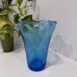 Vintage Aqua Blue Crackle Glass Vase, Handblown Art Glass, Tall with wavy edge