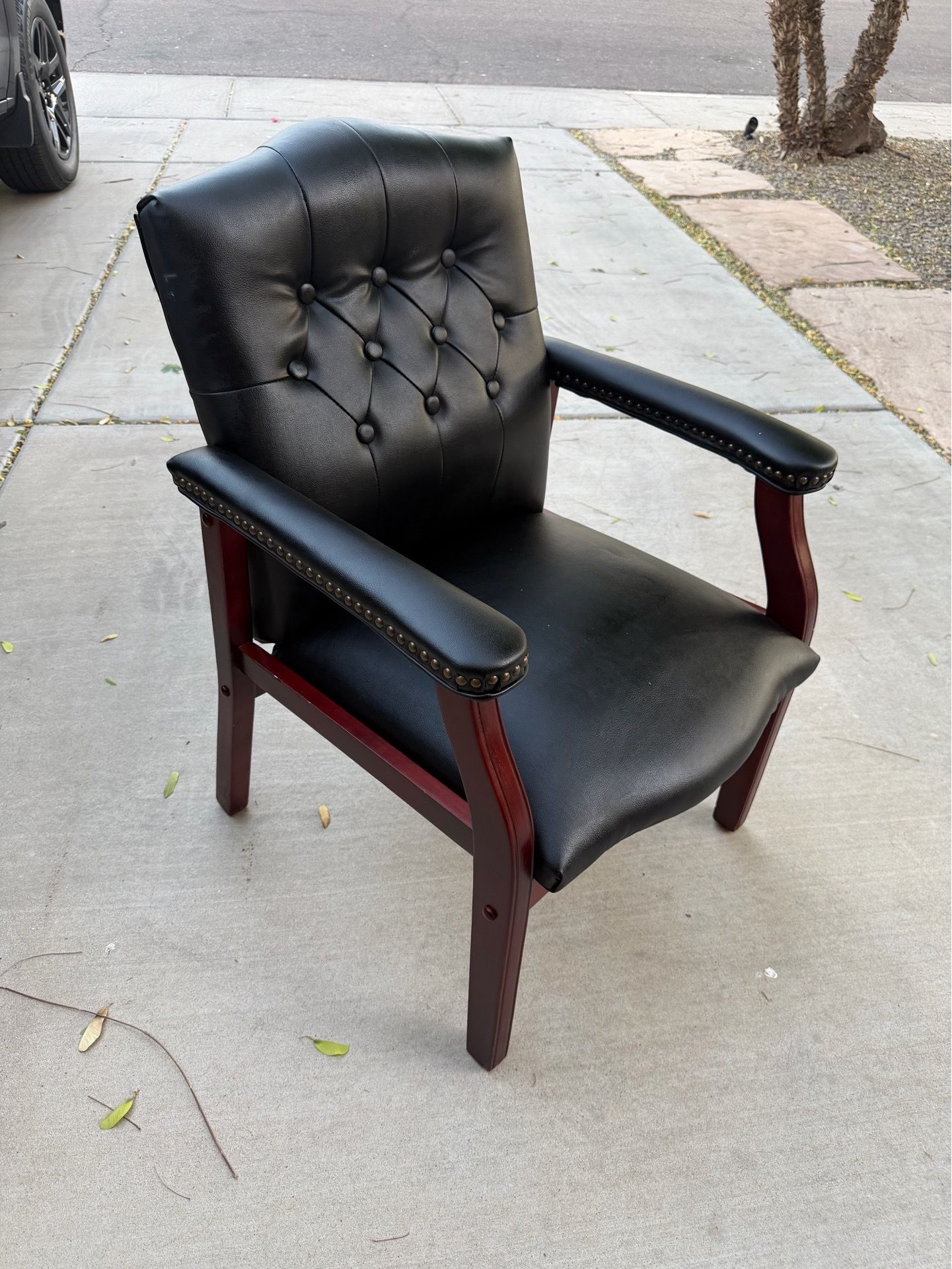 Executive Desk Chair - Mahogany Wood Conference Chair - Black Leather Tufted Captains Chair