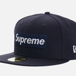 Supreme Box Logo World Famous New Era Hat Size 7 1/2  Navy Blue Color New With Receipt 100% AUTHENTIC