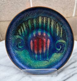 Vintage Mid-Century Bjornstad Norway Enamel on Copper Abstract Art Dish Signed HB