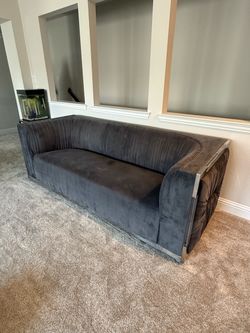 Modern Gray Velvet Sofa & Loveseat Set – Chrome Frame – Good Condition