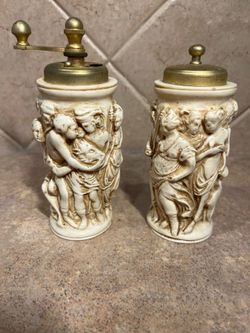 Vintage Italy Greek Relief Carved Frieze Salt Shaker & Pepper Grinder