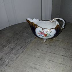 Gold Blue Floral 3 Footed Gravy Boat 