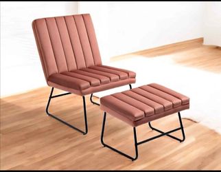  Pink Channel Tufted Lounge Chair Ottoma...