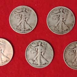 5 Walking Liberty Silver Half Dollar Coins