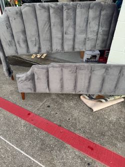 King size Gray Velvet Channel-Tufted Bed Headboard and Footboard