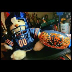 NFL, CHICAGO BEAR'S TEDDY BEAR W/HELMET & JERSEY, PLUSH FOOTBAL, FIRM.