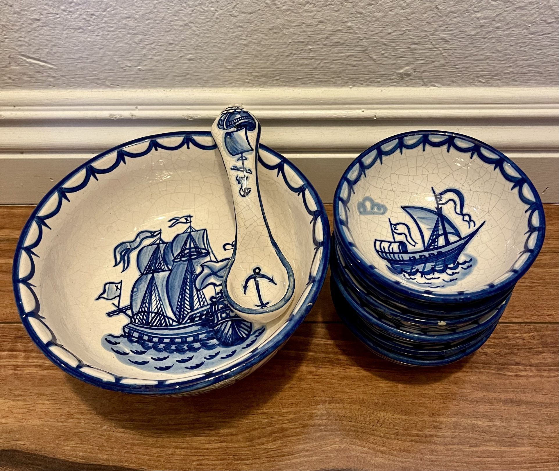 Set of Small Blue & White Porcelain Coastal Sailboat Ship Serving Bowl with Spoon and 6 Small Bowls