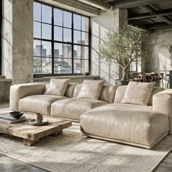 Design Within Reach Ivory Leather Sectional Sofa Couch