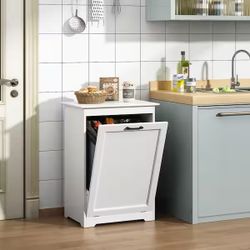 10 Gal. Tilt Out Trash Cabinet Laundry Hamper Kitchen Wooden Trash Can Holder Garbage Bin With Angle Adjustable Door