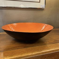 Wide Danish enamel metal bowl 17” black & orange