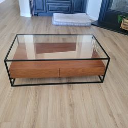 Glass/ /rod Iron/Wood Coffee Table